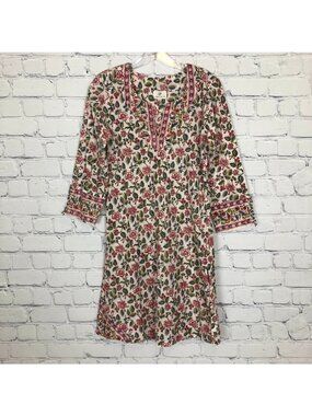 Anokhi Ivory Floral Block Print Kaftan Tunic Dress Size S Cotton